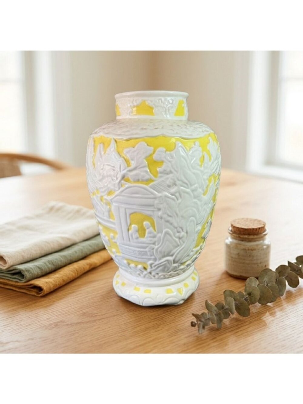 Vintage Stangl Pottery Chinoiserie Vase Yellow White Pagoda Relief Irene 11"